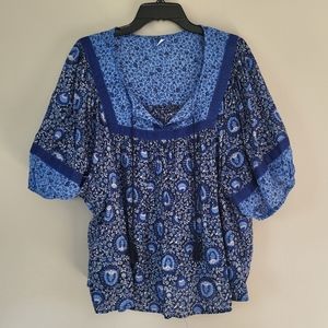 Old Navy Blue Paisley Print Tassel Tie Boho Flowy Blouse XXL